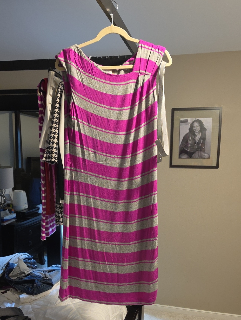 Calvin Klein Pink and Gray Striped Midi Dress w/silver belt